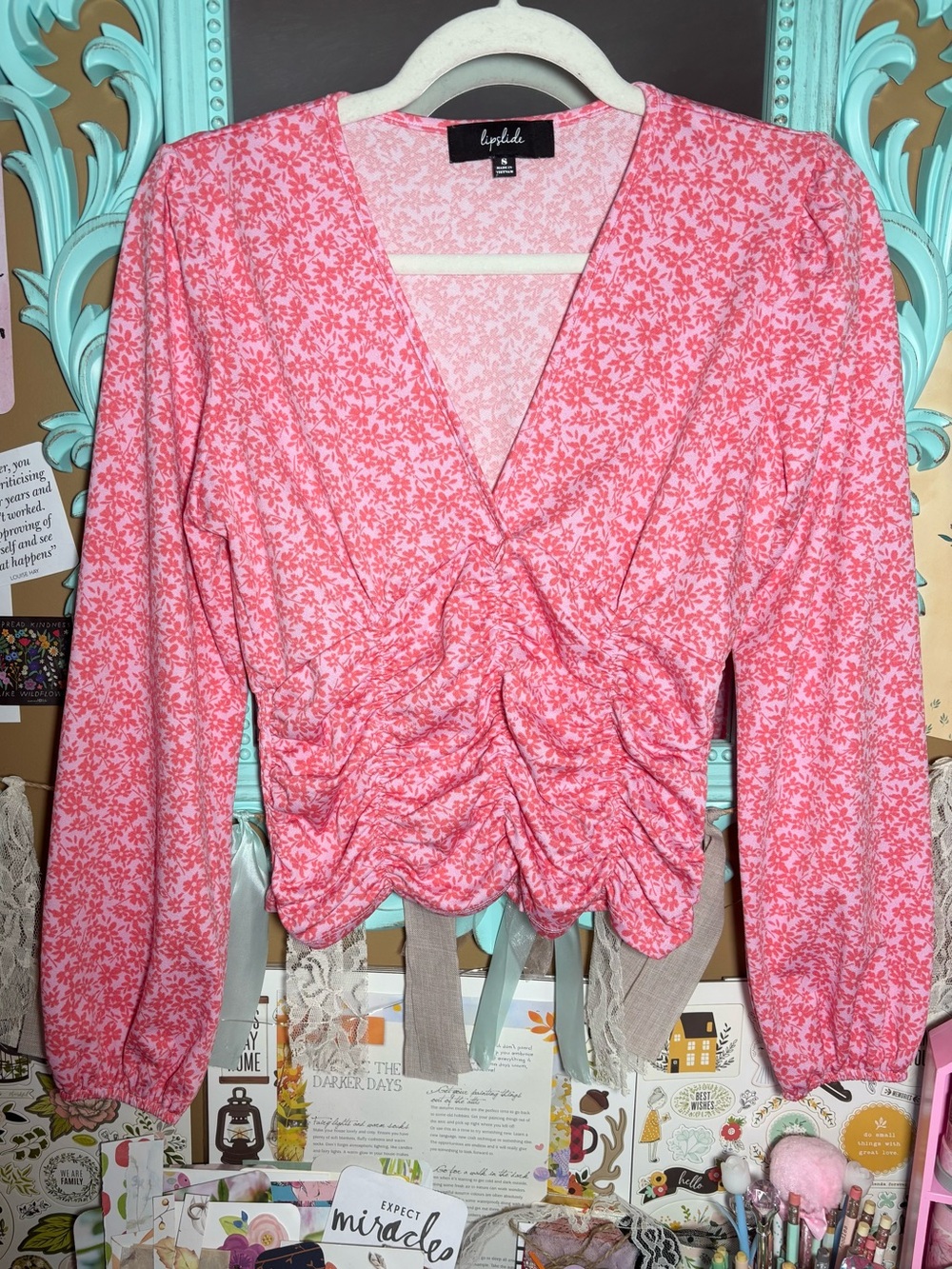 Lipslide V-Neck Ruched Smocked Pink & Orange Floral Long Sleeve Top Blouse Sz.S